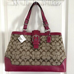 Coach Hamptons Signature Large Carryall Bag Tote Handbag Khaki & Berry 12643 NEW